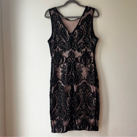 Mystic Los Angeles Nude Lined Black Sequin Lace Sheath Dress Size L - Picture 7 of 11